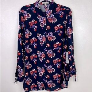 Woman Within New Women’s 14/16 M Button Up Ruched Sleeves Floral‎ Print Tunic